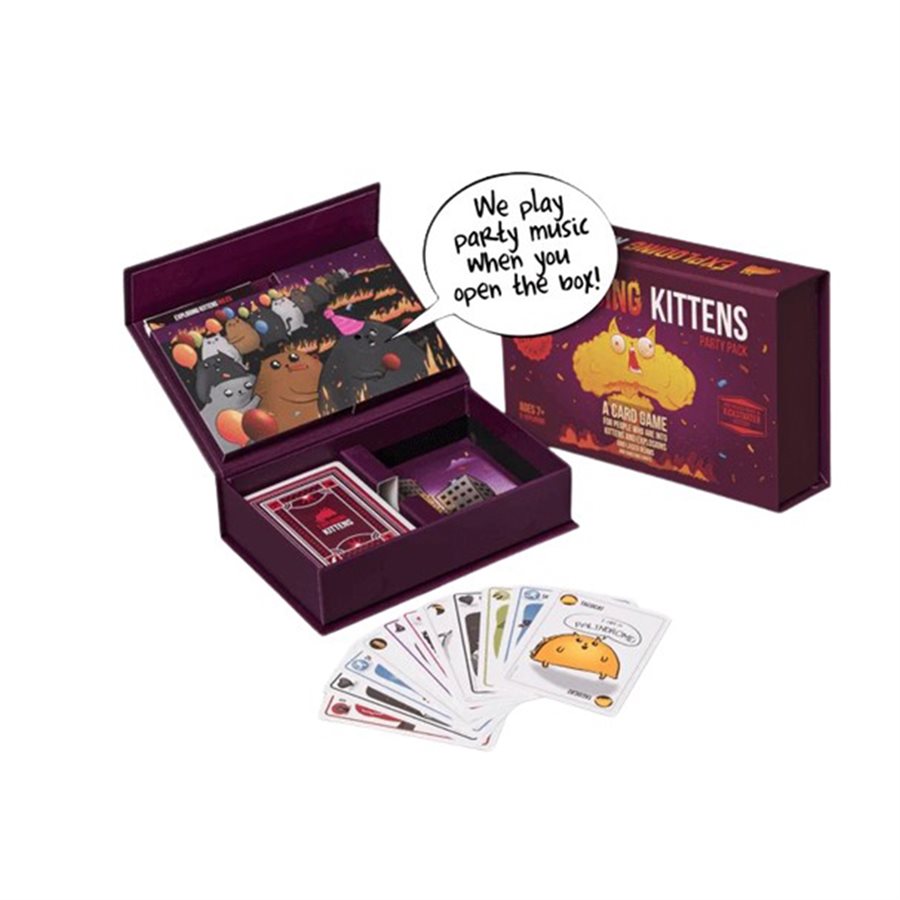 Exploding Kittens Party Pack open box and playing cards