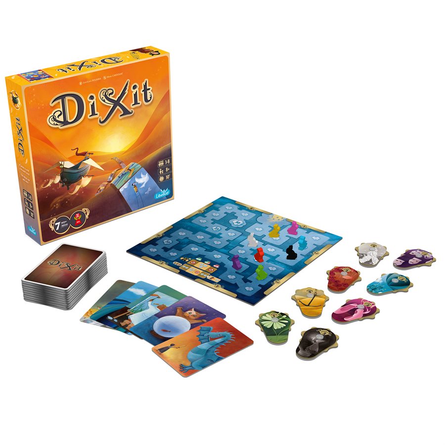 Dixit multilingual edition box, cards, board, and player pieces