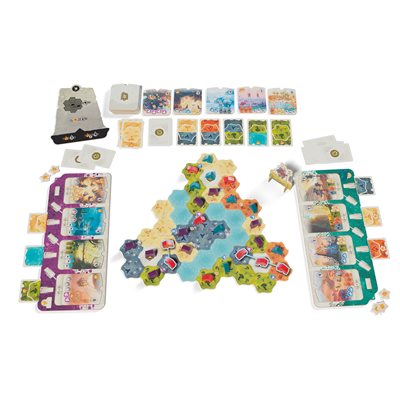Dewan board game setup with camps, terrain cards, and player boards