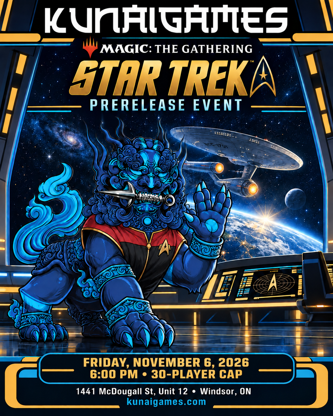 Kunai Games Magic: The Gathering Star Trek prerelease — Friday, November 6, 2026 at 6:00 PM Eastern, 30-player cap. Kunai gives the Vulcan salute.