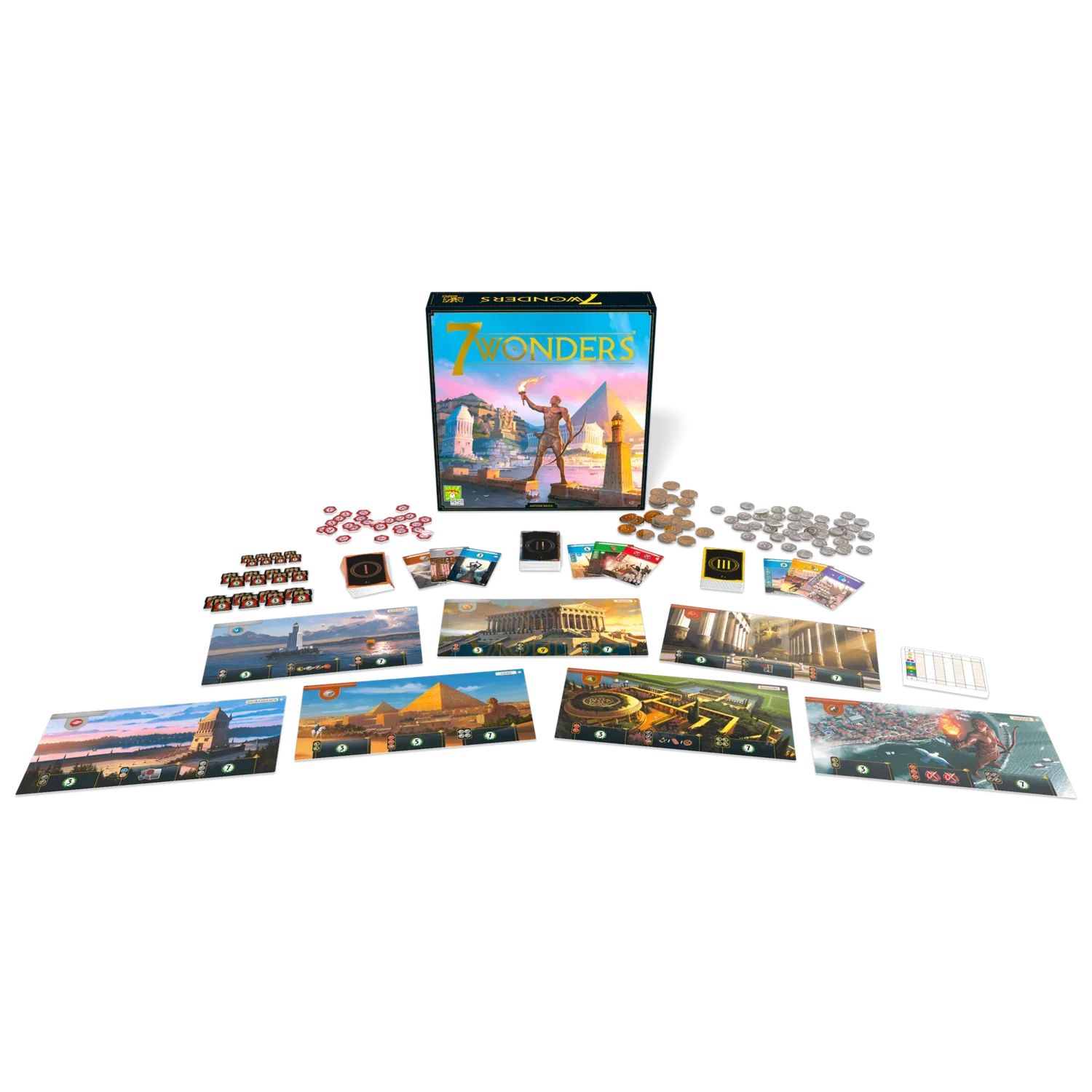 7 Wonders board game cards, boards, and components
