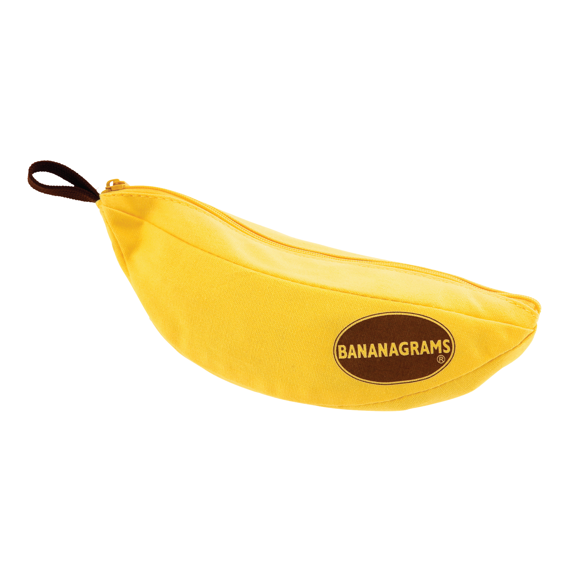 Classic Bananagrams yellow banana-shaped pouch on a white background