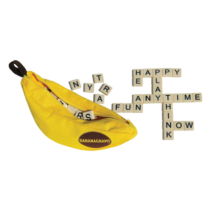 Classic Bananagrams open pouch with English letter tiles arranged in a word grid