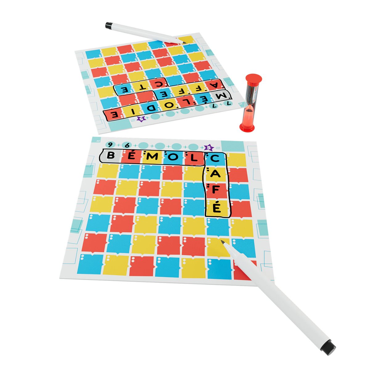 Color Words game grids, markers, and timer components