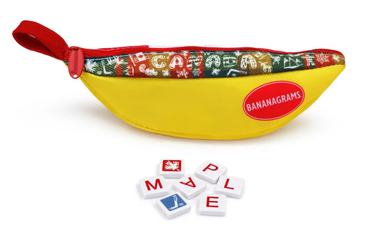 Bananagrams O Canada edition pouch with Canadian icon trim and bonus tiles