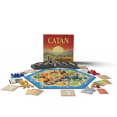 CATAN 6th Edition game setup with board, cards, and player pieces