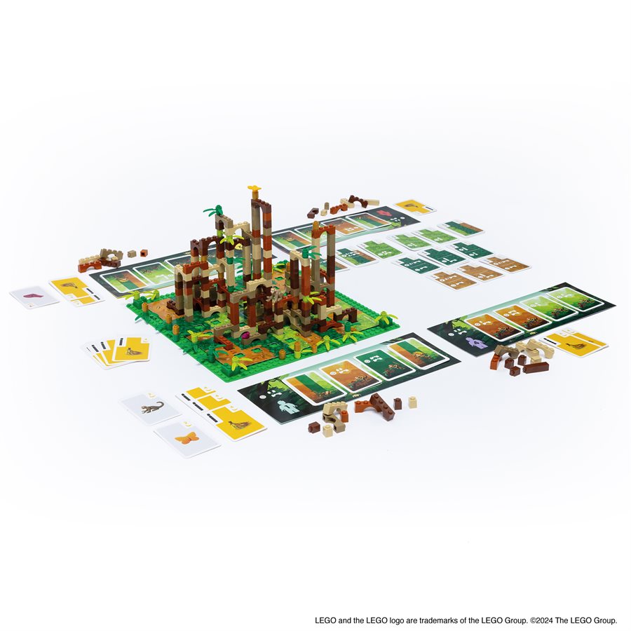 LEGO Monkey Palace multilingual game setup with palace and player cards