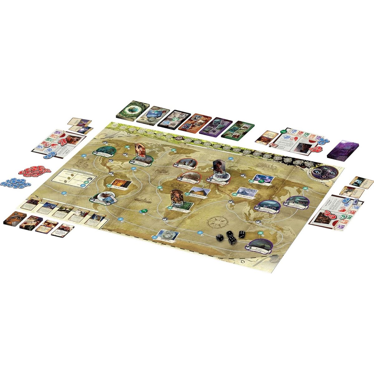 Eldritch Horror board game setup with cards and tokens