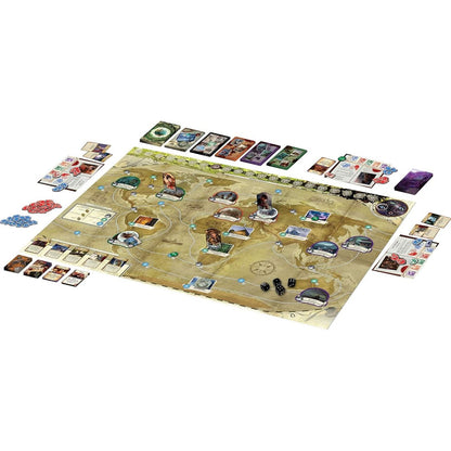 Eldritch Horror board game setup with cards and tokens