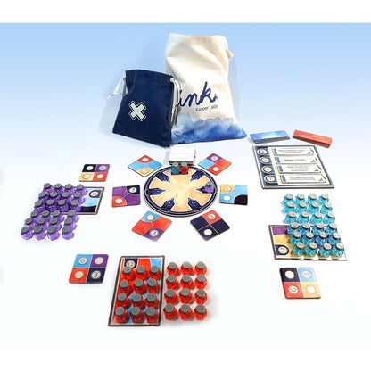 Ink game components including ink bottles, tiles, cards, and cloth bags