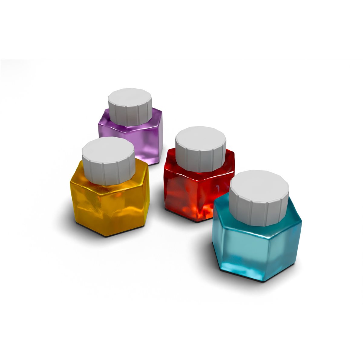Ink game bottle pieces in yellow, purple, red, and blue