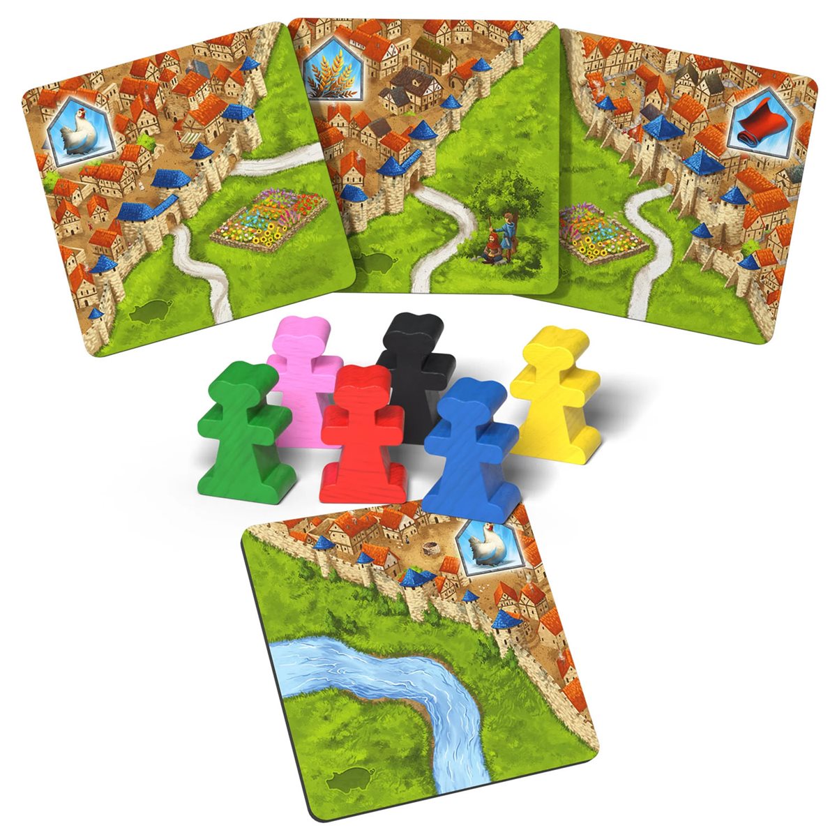Carcassonne Traders and Builders expansion tiles and builder meeples