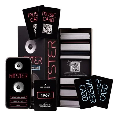 Hitster cards, app screen, and open game box components