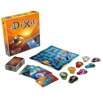 Dixit multilingual edition box, cards, board, and player pieces