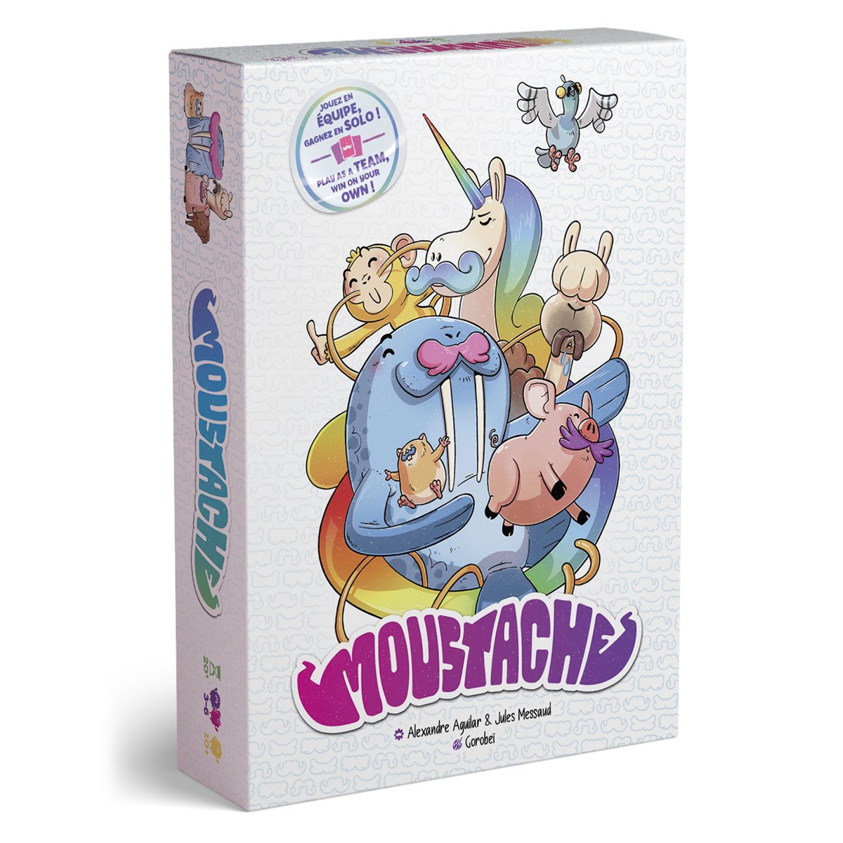Moustache multilingual card game box front-left view