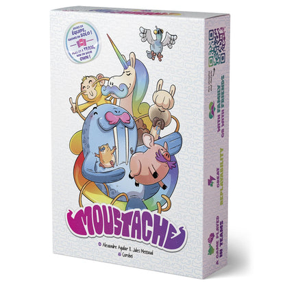 Moustache multilingual card game box front-right view