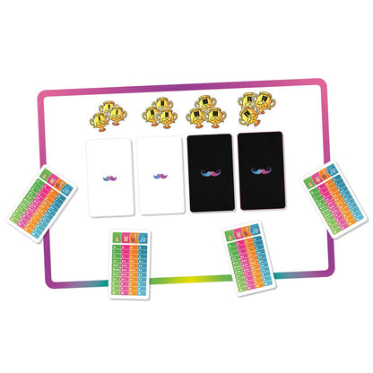 Moustache cards, score sheets, and trophy tokens