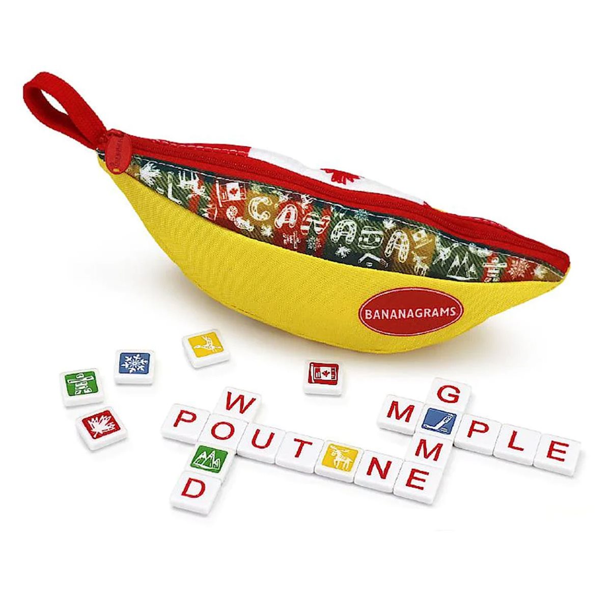 Bananagrams O Canada edition pouch with a red-letter word grid and colourful Canuck tiles
