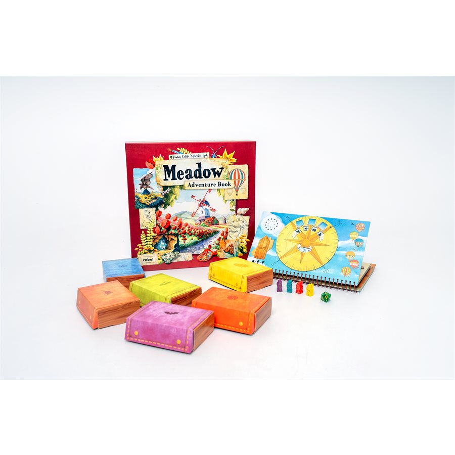 Meadow Adventure Book expansion box, book, card boxes, and pieces