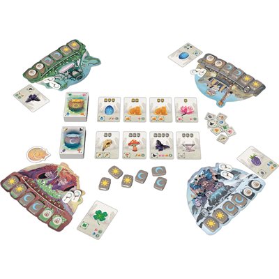 Carnuta four-player game setup with cards, runes, and player boards