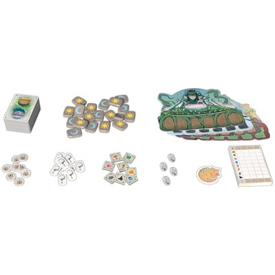 Carnuta game components including cards, runes, boards, tokens, and score pad