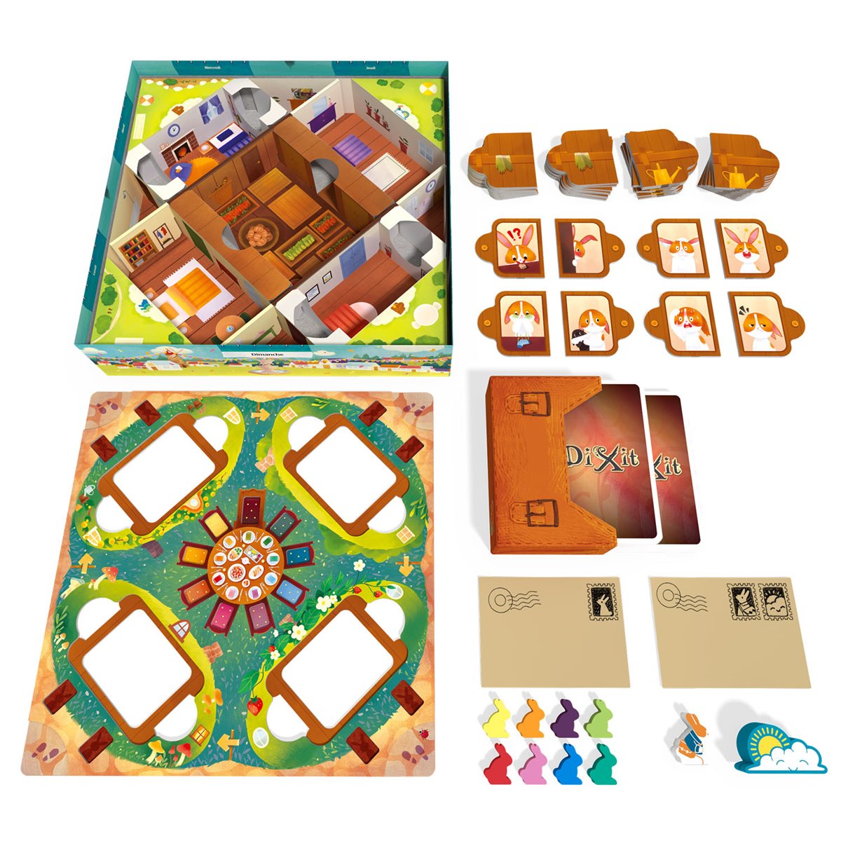 Dixit Kids board, cards, rabbit pieces, and game components