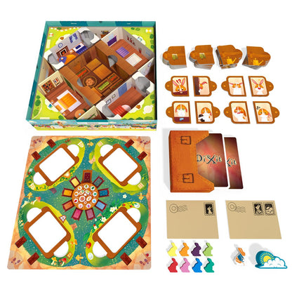 Dixit Kids board, cards, rabbit pieces, and game components