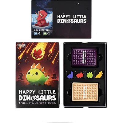 Happy Little Dinosaurs game box cards meeples and tray
