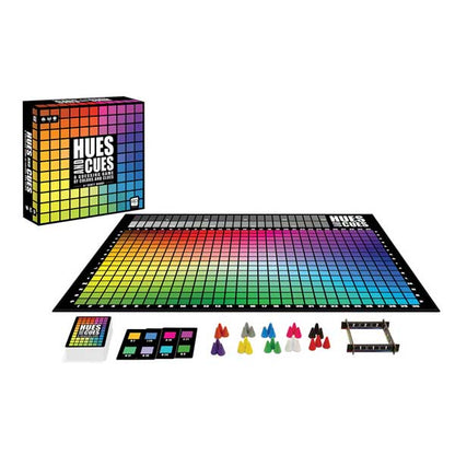 Hues and Cues game box, color board, cards, pawns, and scoring frame components