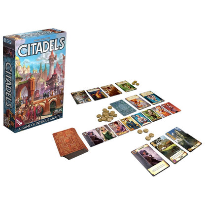 Citadels game box with cards, character tiles, districts, and gold tokens