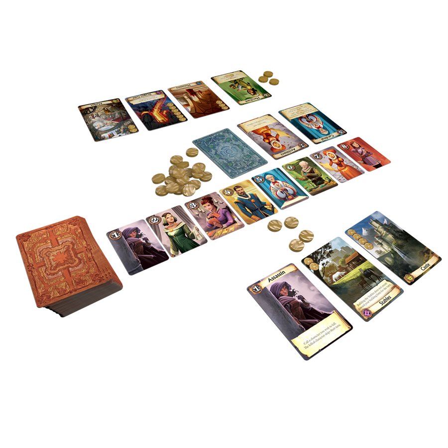 Citadels cards, character tiles, districts, and gold token components