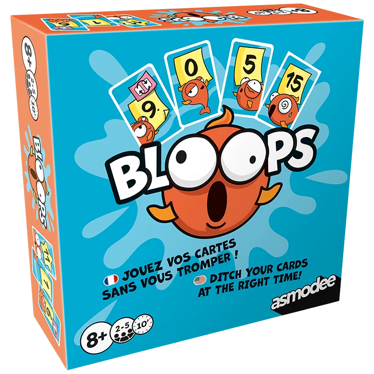 Bloops bilingual game box shown from the left with numbered character cards