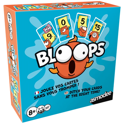 Bloops bilingual game box shown from the left with numbered character cards