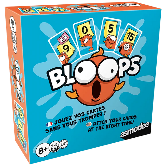 Bloops bilingual game box shown from the left with numbered character cards