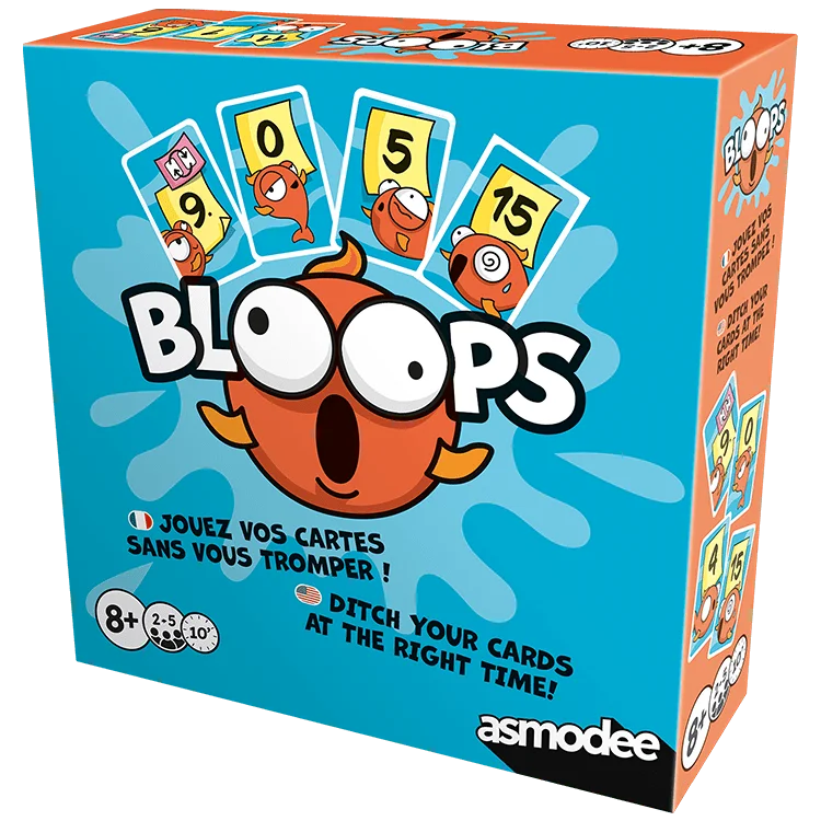 Bloops bilingual game box shown from the right with card examples