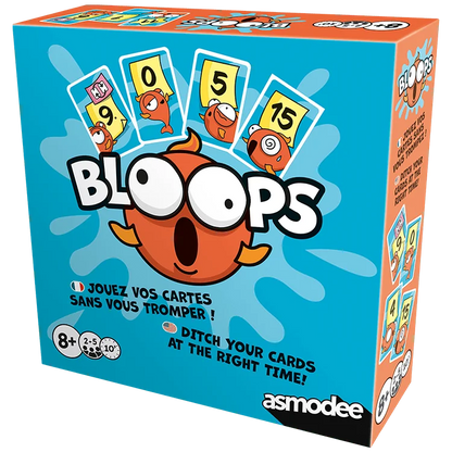 Bloops bilingual game box shown from the right with card examples