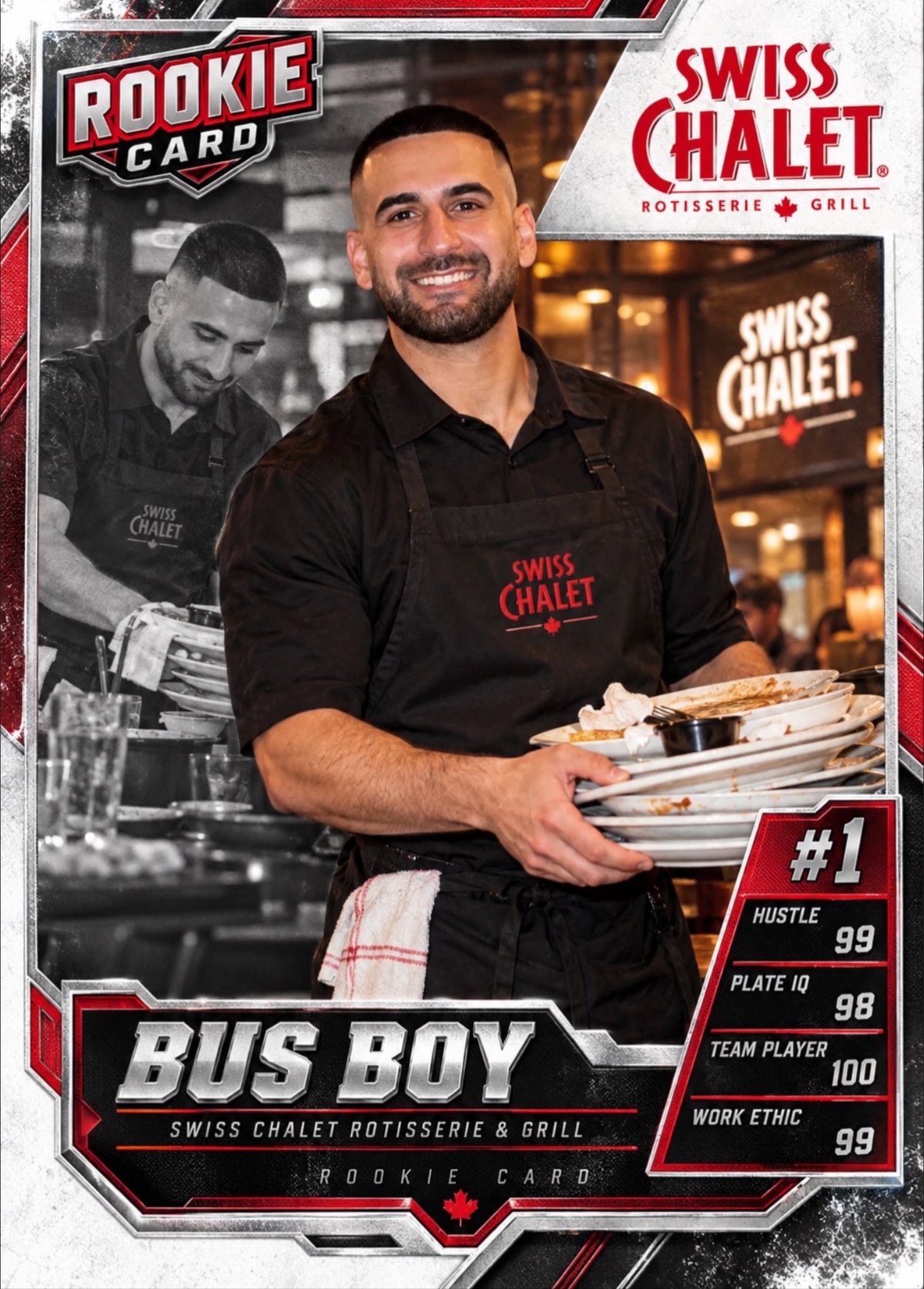Custom Bus Boy number 1 rookie card showing a man in a Swiss Chalet apron holding dishes.