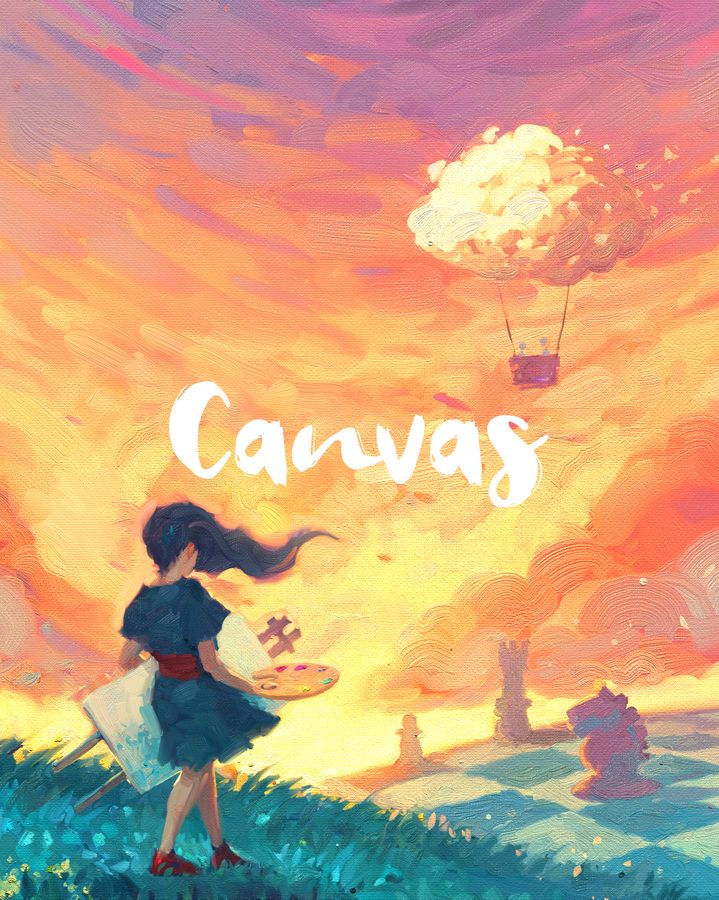 Canvas board game cover artwork with painter and hot-air balloon