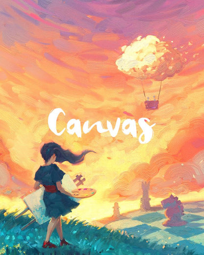 Canvas board game cover artwork with painter and hot-air balloon
