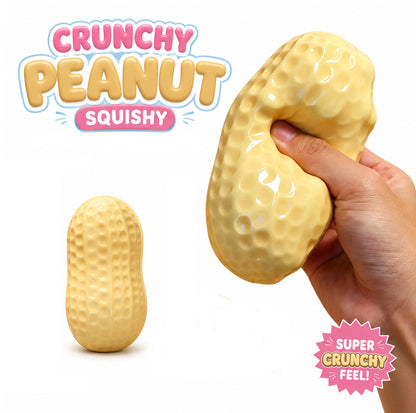 Yellow Crunchy Peanut Squishy shown whole and being squeezed