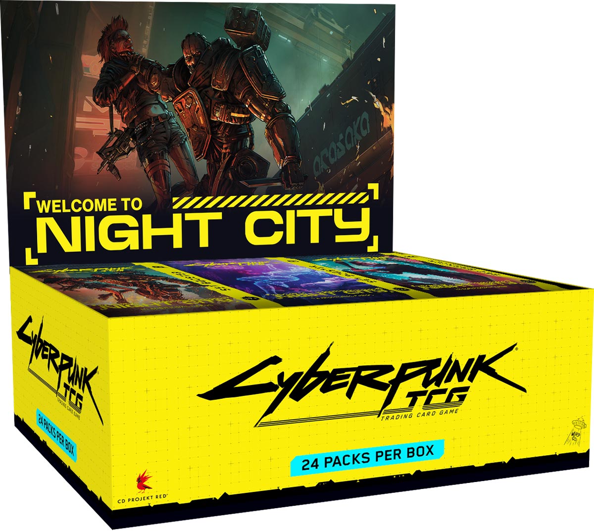 Cyberpunk TCG retail booster display with packs
