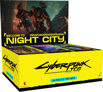 Cyberpunk TCG retail booster display with packs