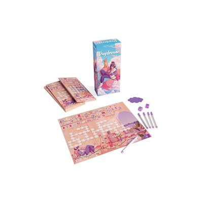 Daydream board game box with boards, dice, pens, and erasers