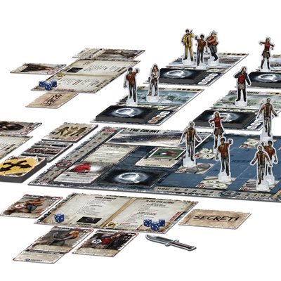 Dead of Winter board game setup with cards and survivor standees