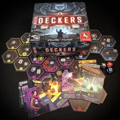Deckers board game box with cards, tiles, and components