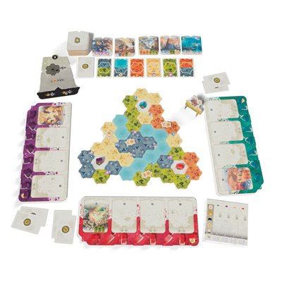Dewan board game components arranged around the territory map