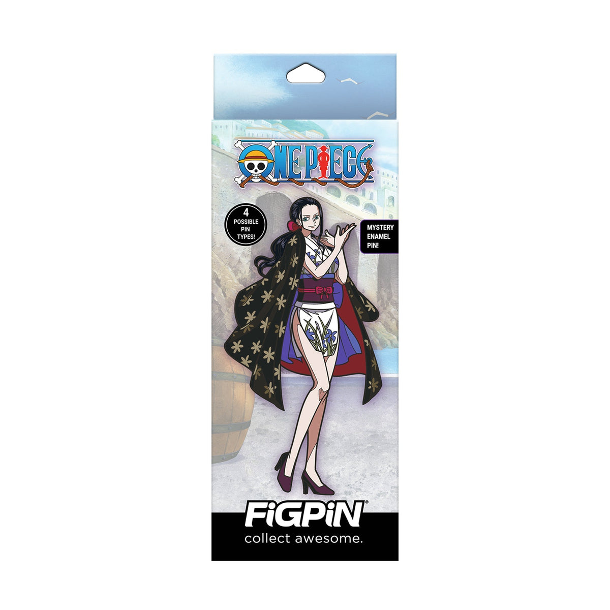 Official FiGPiN One Piece Nami and Nico Robin Quest blind-box packaging; one random enamel pin per box from four possible designs