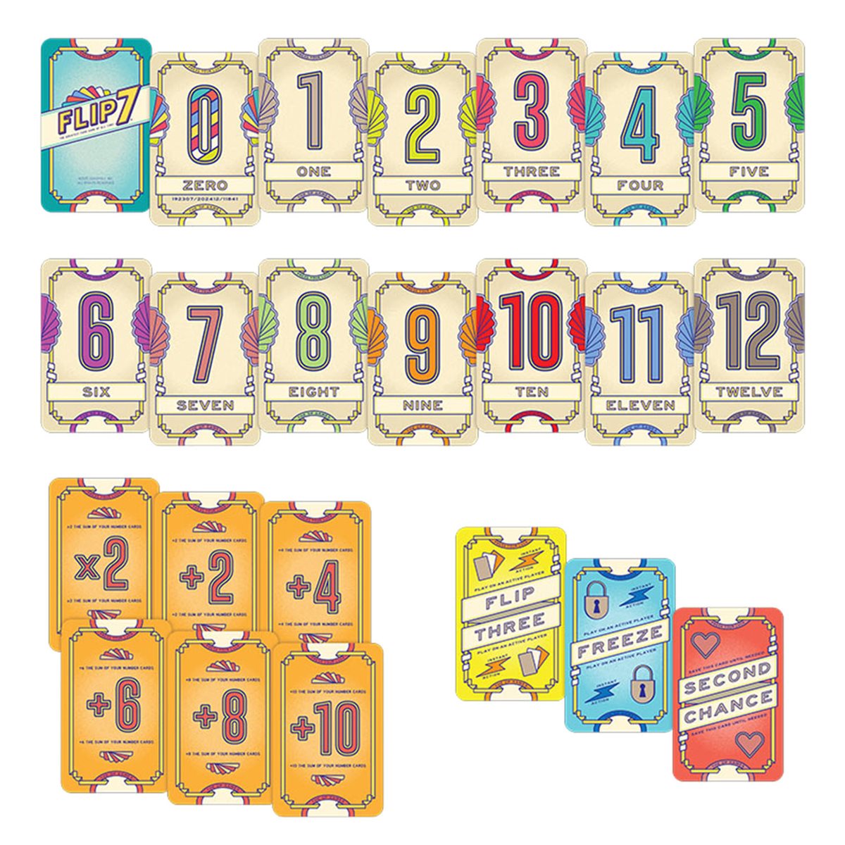 Flip 7 number, modifier, and action cards