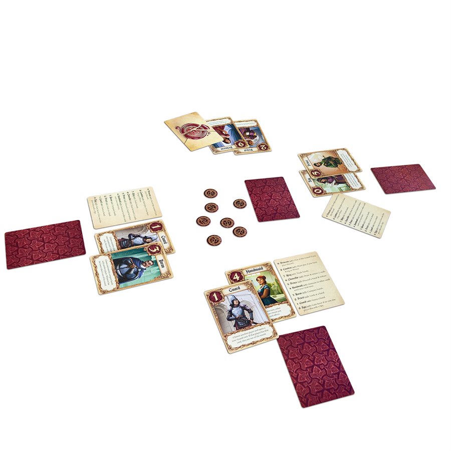 Love Letter Eco cards and tokens arranged for four-player gameplay