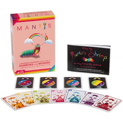 Mantis English game box, instruction booklet, and colorful cards